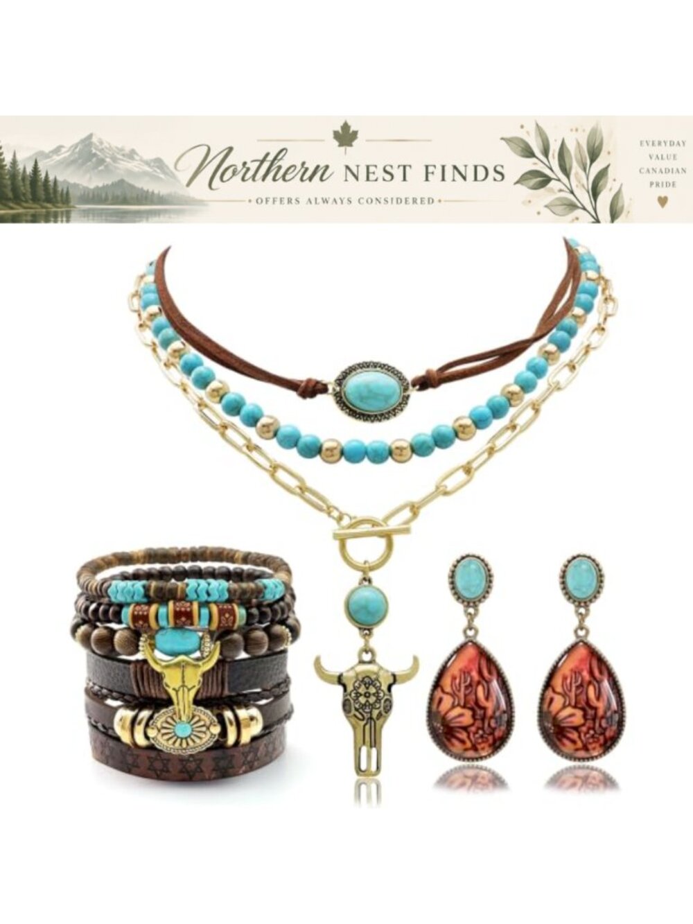 Layered Turquoise Necklace Cactus Earrings Faux Leather Stack Bracelet Set